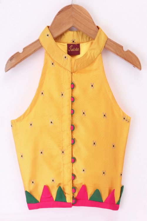 Twisha Girls Incut Style Top & Net Ghagra - Yellow & Pink