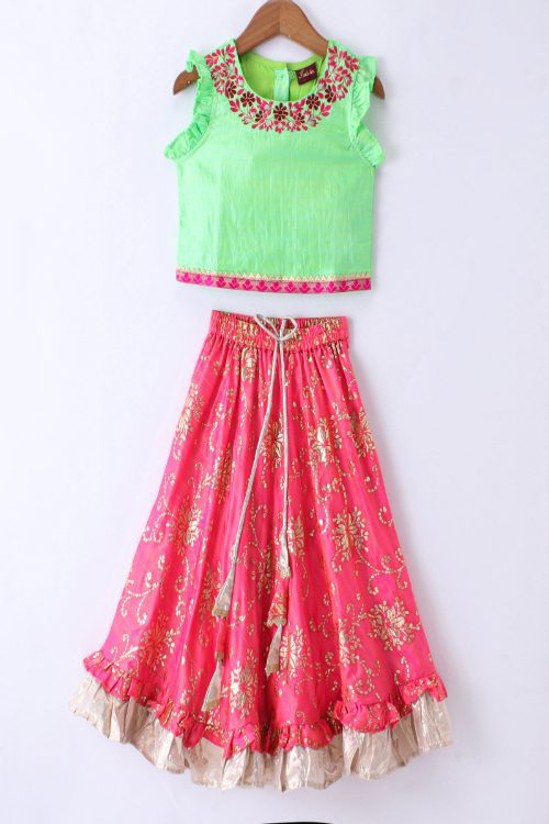 Twisha Girls Embroidered Top & Printed Ghagra - Green & Coral