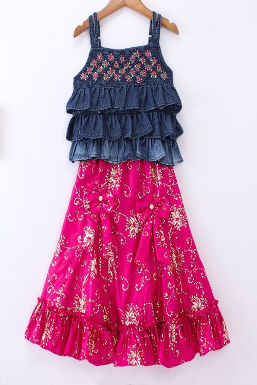 Twisha Girls Embroidered Frilled Denim Top & Gold Printed Ghagra - Blue & Pink
