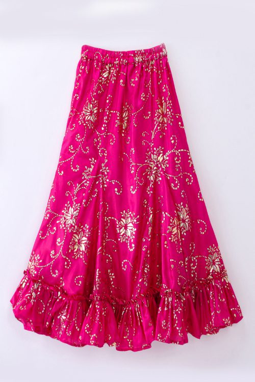 Twisha Girls Embroidered Frilled Denim Top & Gold Printed Ghagra - Blue & Pink