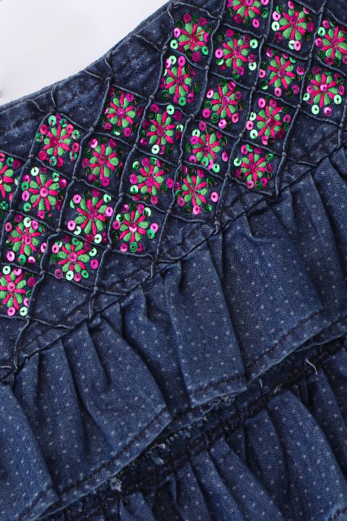 Twisha Girls Embroidered Frilled Denim Top & Gold Printed Ghagra - Blue & Pink