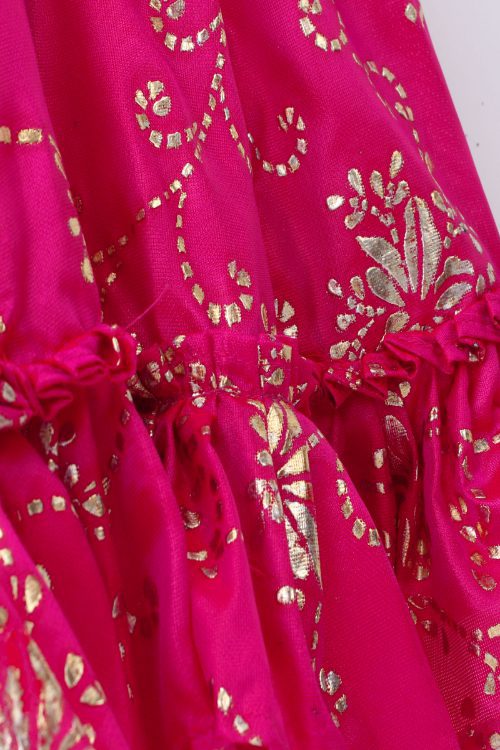 Twisha Girls Embroidered Frilled Denim Top & Gold Printed Ghagra - Blue & Pink