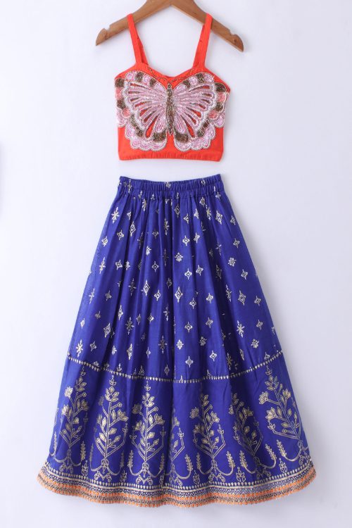 Twisha Girls Elaborate Butterfly Embroidered Crop Top & Printed Ghagra - Orange & Blue