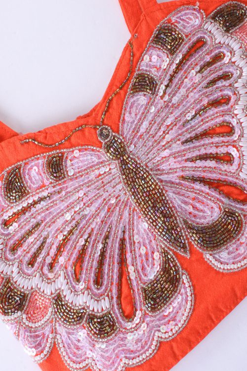 Twisha Girls Elaborate Butterfly Embroidered Crop Top & Printed Ghagra - Orange & Blue