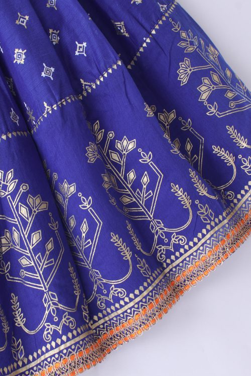 Twisha Girls Elaborate Butterfly Embroidered Crop Top & Printed Ghagra - Orange & Blue
