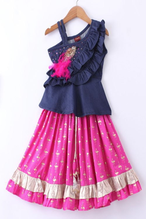 Girls Denim Ruffle Top Embellished With Bird Applique & Printed Ghagra - Blue & Pink