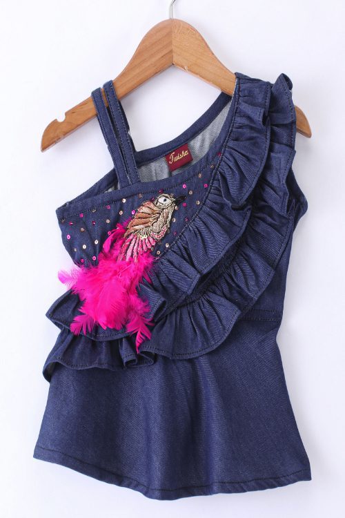 Girls Denim Ruffle Top Embellished With Bird Applique & Printed Ghagra - Blue & Pink