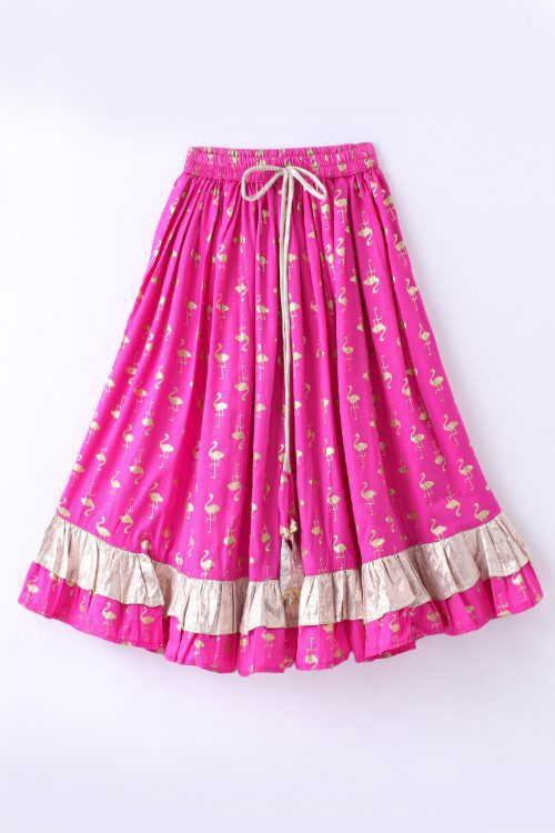 Girls Denim Ruffle Top Embellished With Bird Applique & Printed Ghagra - Blue & Pink
