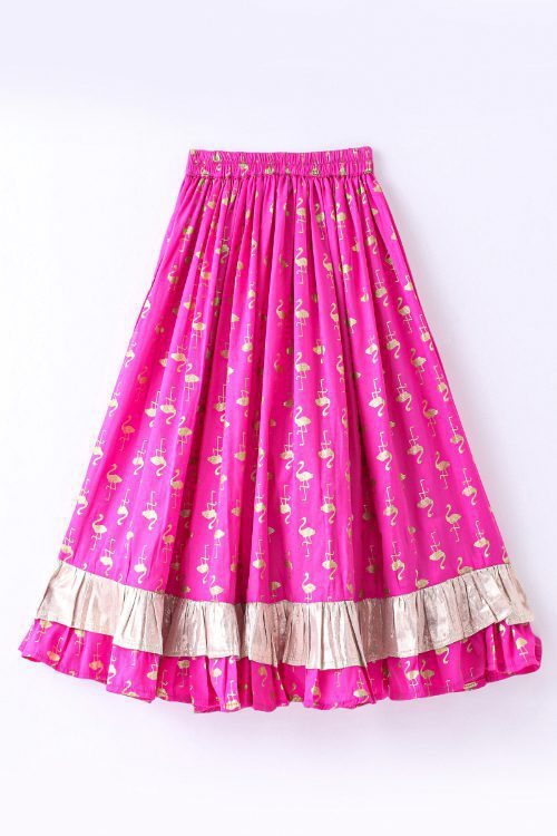 Girls Denim Ruffle Top Embellished With Bird Applique & Printed Ghagra - Blue & Pink