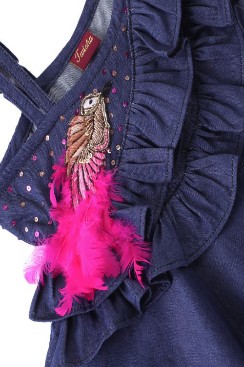 Girls Denim Ruffle Top Embellished With Bird Applique & Printed Ghagra - Blue & Pink
