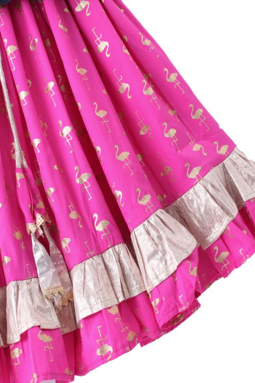 Girls Denim Ruffle Top Embellished With Bird Applique & Printed Ghagra - Blue & Pink
