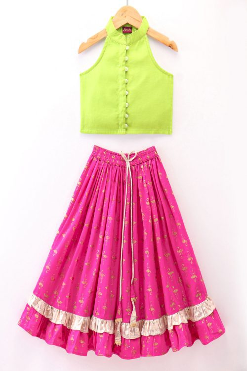 Twisha Girls Incut Style Top & Printed Ghagra - Lime Green & Pink