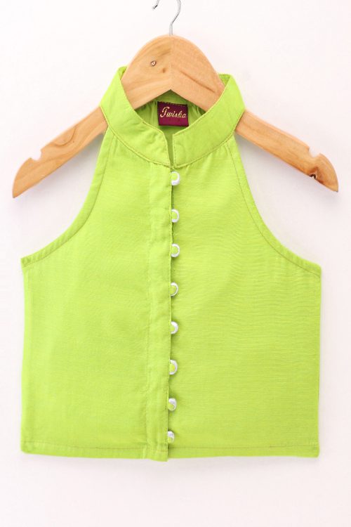 Twisha Girls Incut Style Top & Printed Ghagra - Lime Green & Pink