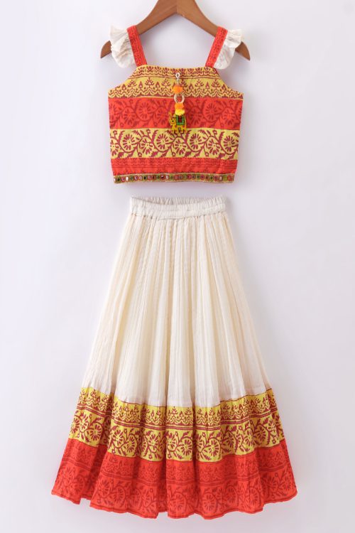 Twisha Girls Top & Printed Ghagra - Blue & Orange