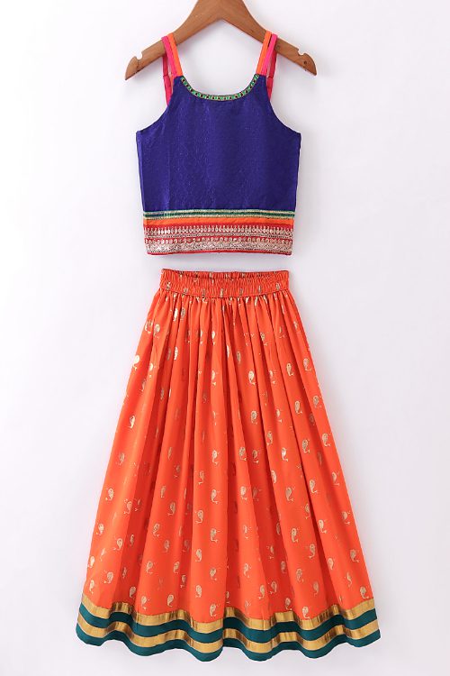 Twisha Girls Top & Printed Ghagra - Blue & Orange
