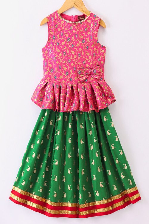 Twisha Girls Peplum Self Design Top & Printed Ghagra - Pink & Green