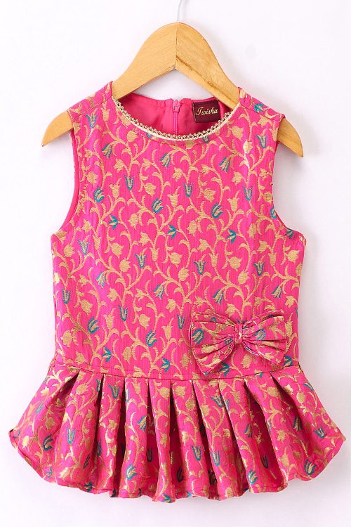 Twisha Girls Peplum Self Design Top & Printed Ghagra - Pink & Green