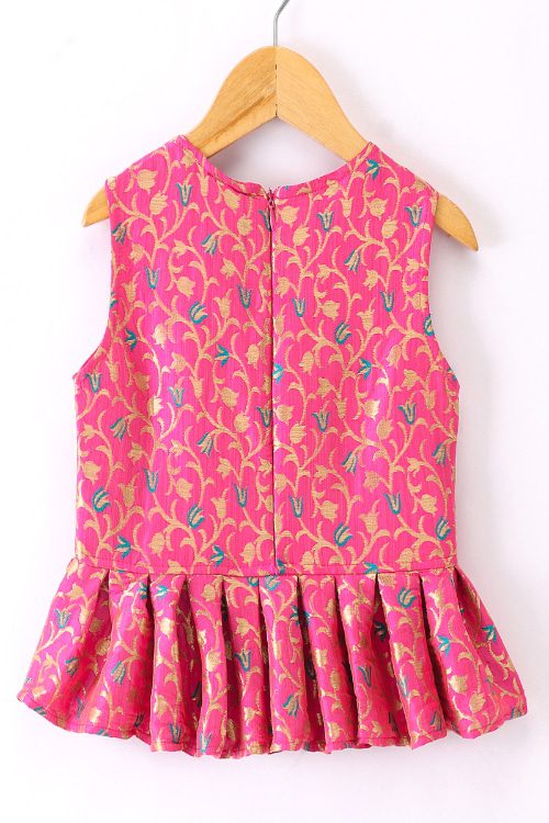 Twisha Girls Peplum Self Design Top & Printed Ghagra - Pink & Green