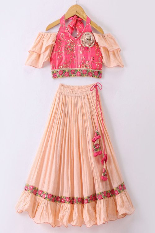Twisha Girls Halter Neck Top & Ghagra - Coral & Peach