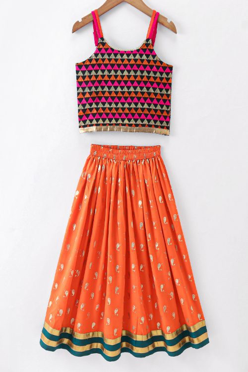 Twisha Girls Embroidered Top & Printed Ghagra - Multi & Orange