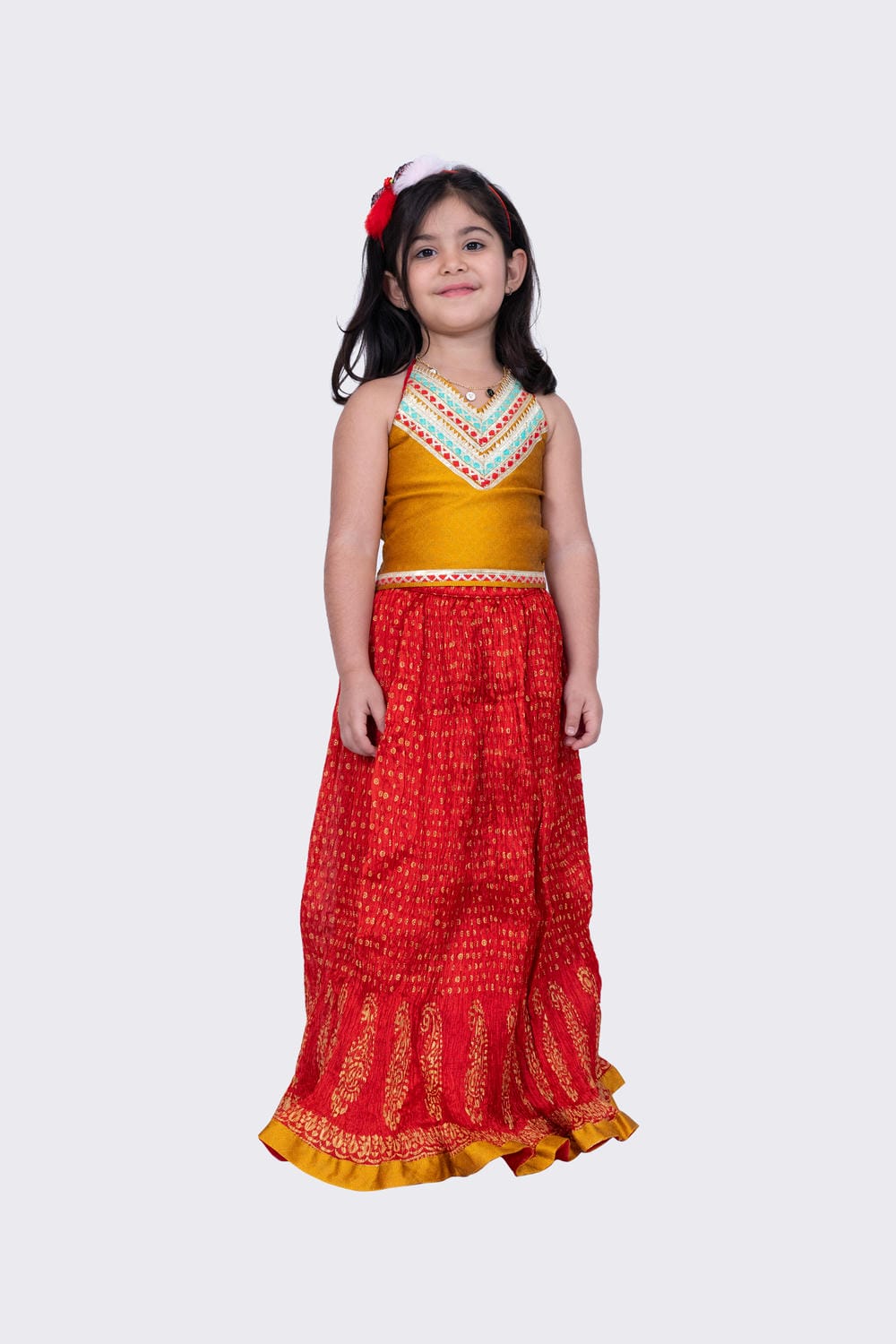 Twisha Girl's Halter Neck Jaquard Top and Art Silk Crushed Ghagra -Mustard & Red