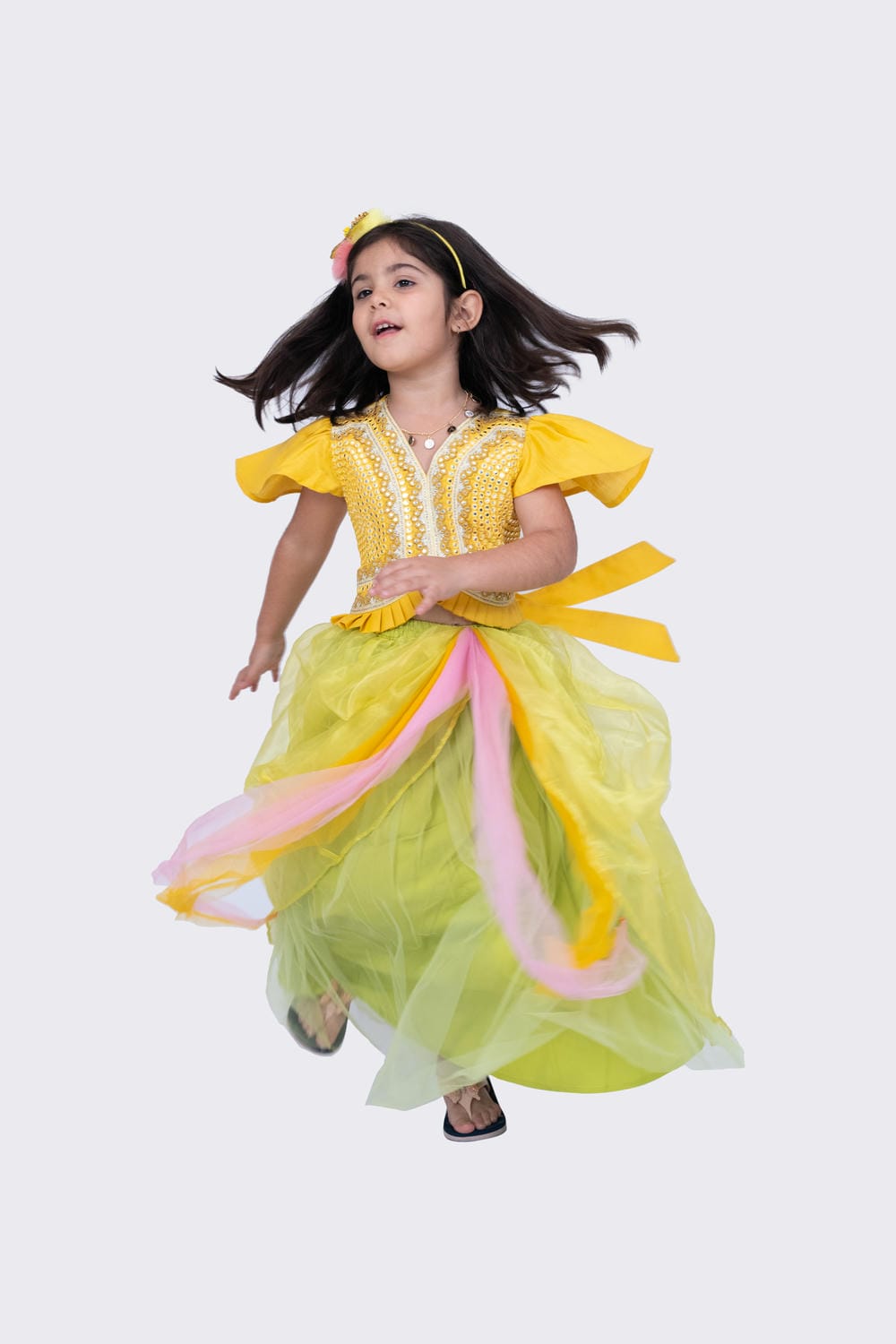 Twisha Girl's Frilled Sleeves Mirror Embellished Top and Draped Ghagra- Mustar & Lime Green