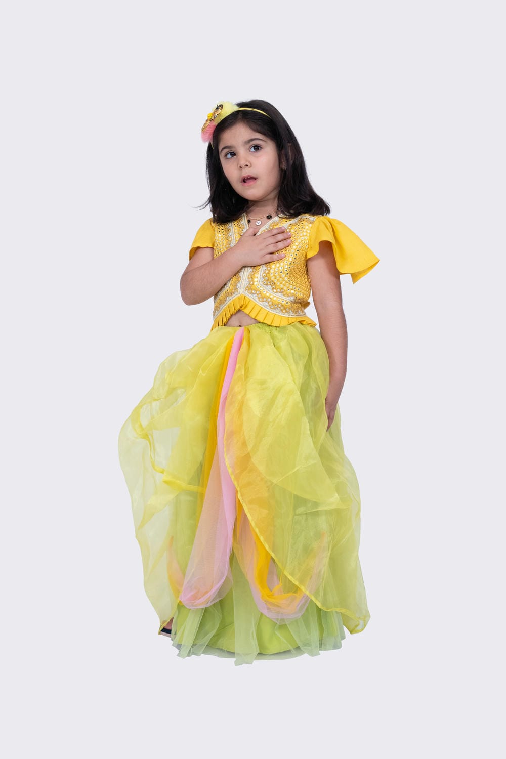 Twisha Girl's Frilled Sleeves Mirror Embellished Top and Draped Ghagra- Mustar & Lime Green