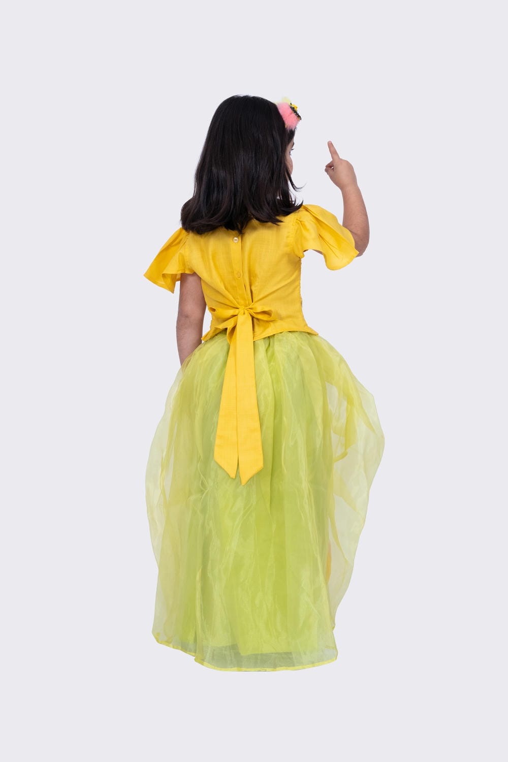Twisha Girl's Frilled Sleeves Mirror Embellished Top and Draped Ghagra- Mustar & Lime Green