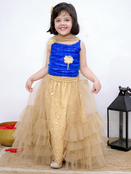 Twisha Girl's Sleeveless Floral Applique Ruffle Top &  Embellished Chania With Dupatta Set -Blue & Beige