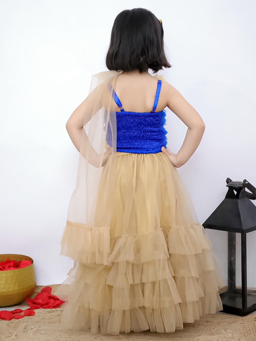 Twisha Girl's Sleeveless Floral Applique Ruffle Top &  Embellished Chania With Dupatta Set -Blue & Beige