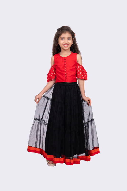 Twisha Sleeveless Round Neck Cold Shoulder Choli With Lehenga-Red & Black