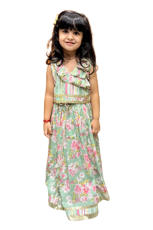 Twisha Cotton Sleeveless All Over Prined Top with Lehenga - Olive Green & Pink