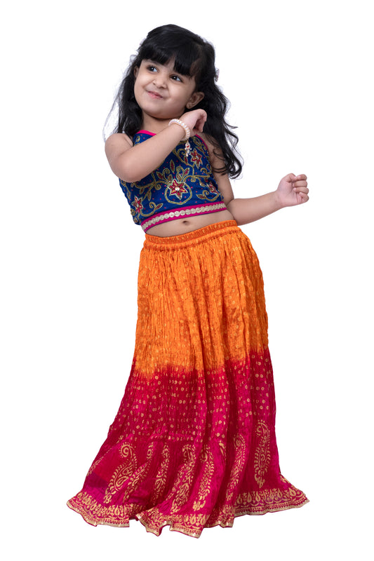 Twisha Sleeveless Embroidered Top with Crushed Lehenga -Blue & Orange