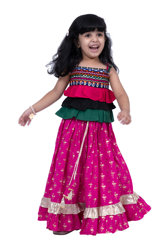 Twisha Sleeveless Embroidered Top with Lehenga -Black & Pink