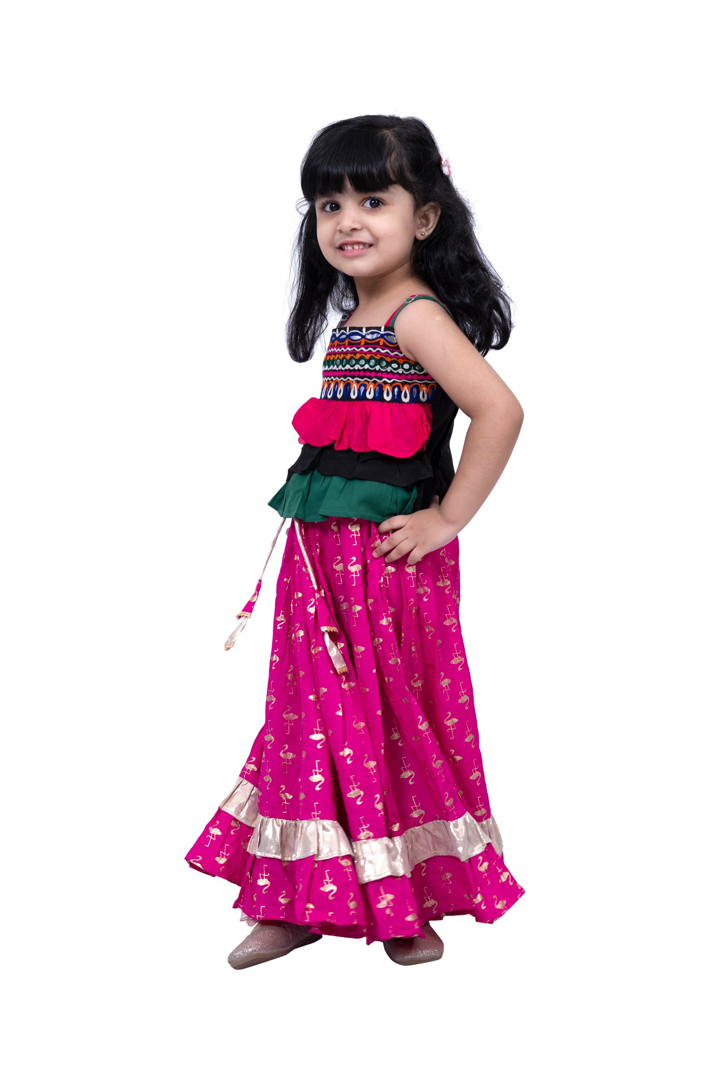 Twisha Sleeveless Embroidered Top with Lehenga -Black & Pink