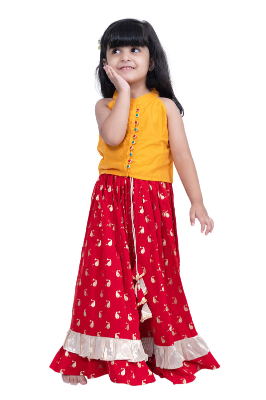 Twisha Sleevless Solid Top With Printed Lehenga  - Yellow & Red