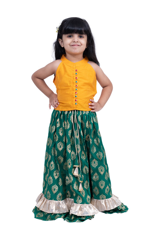 Twisha Sleevless Solid Top With Printed Lehenga  - Yellow & Green