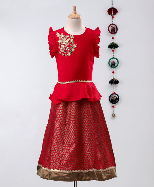 Twisha Girls Jari Embroidered Top With Brocade Ghagra- Red