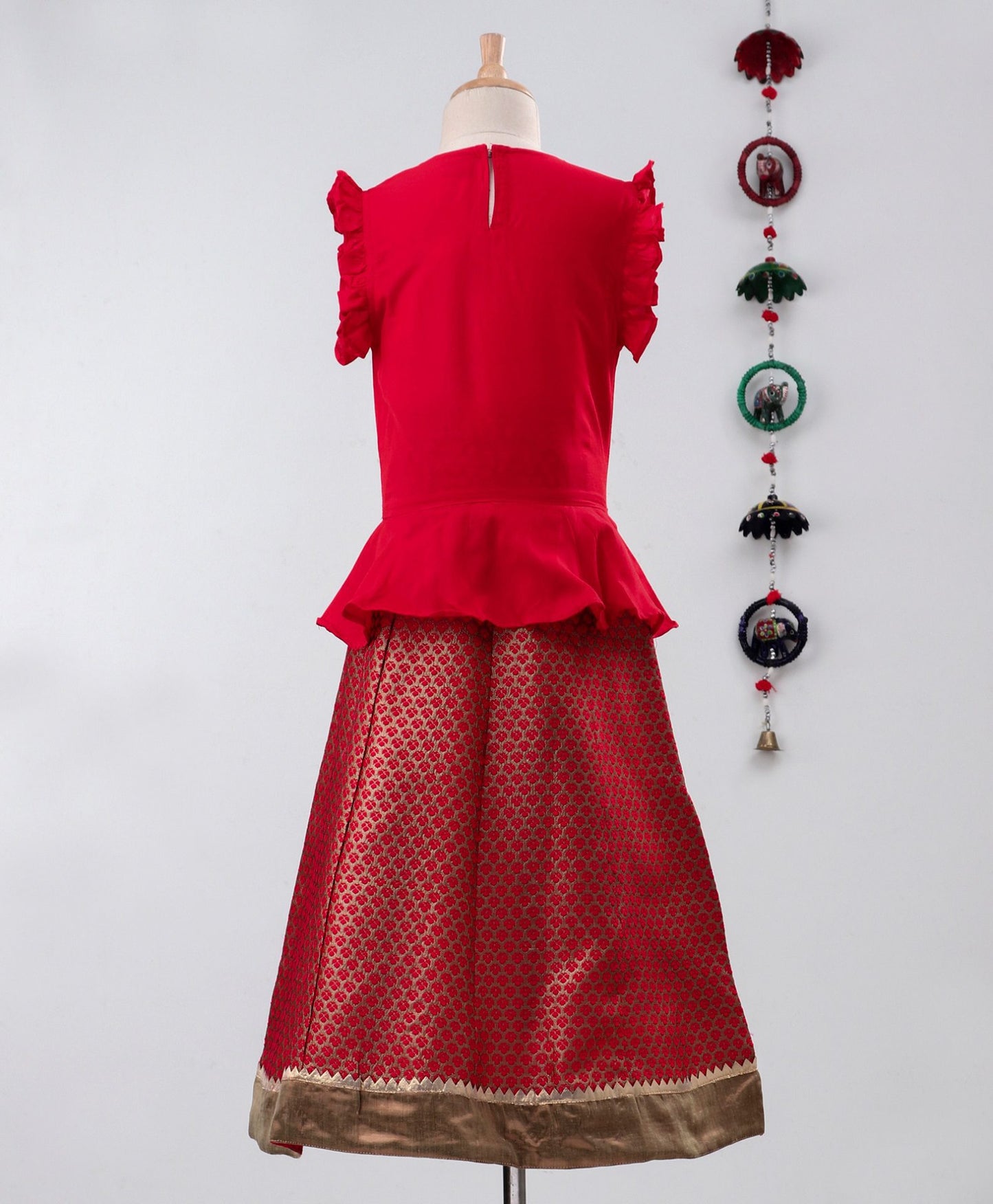 Twisha Girls Jari Embroidered Top With Brocade Ghagra- Red