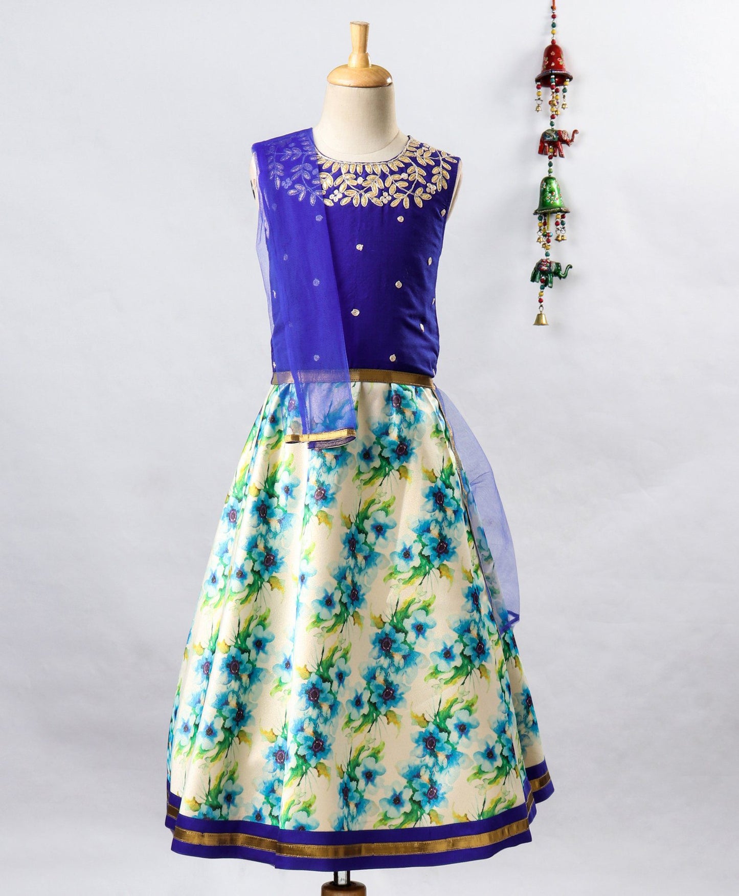 Twisha Girls Embroidered Top With Printed Ghagra- Blue & Off-White
