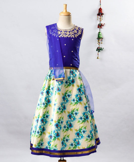 Twisha Girls Embroidered Top With Printed Ghagra- Blue & Off-White