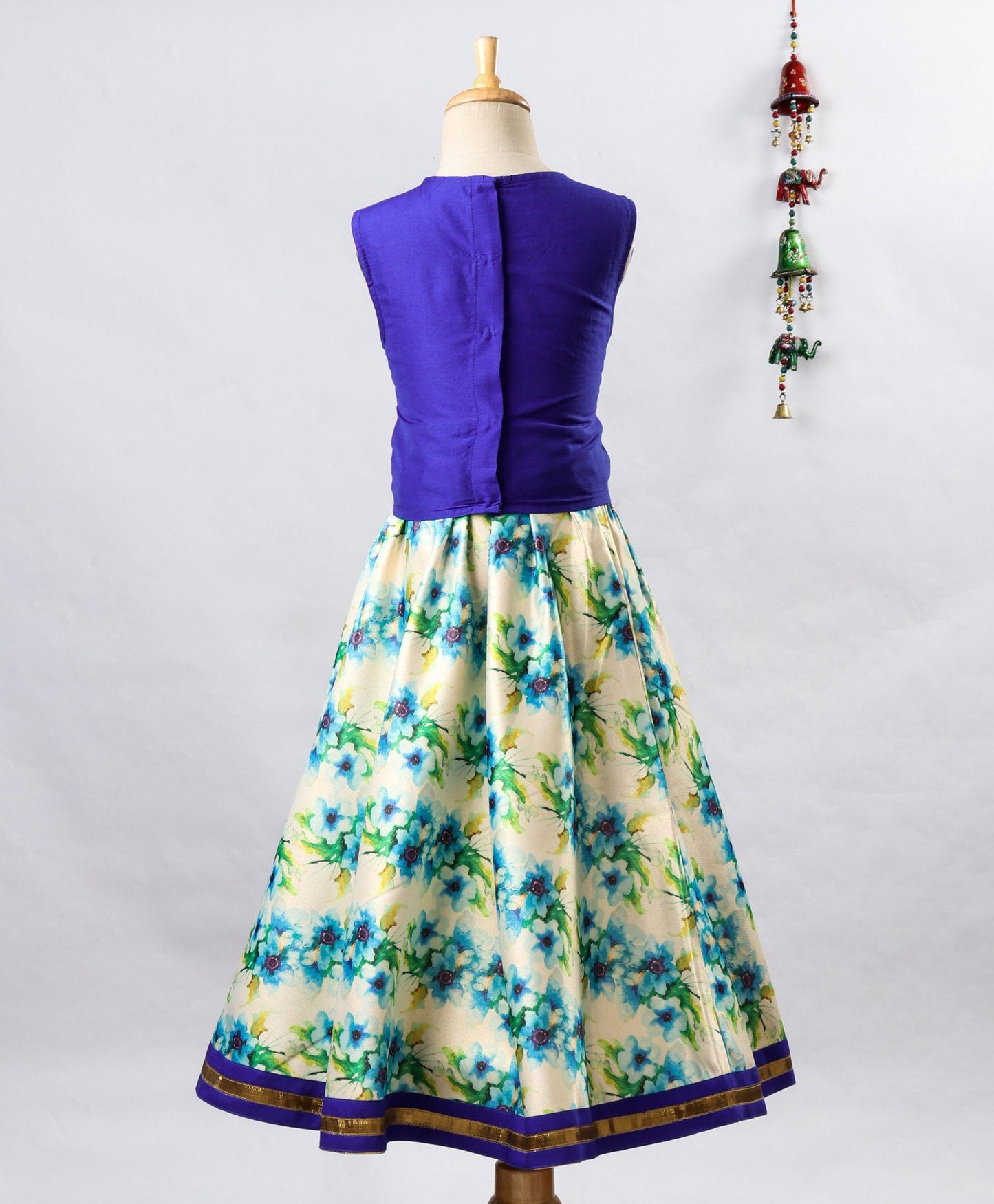 Twisha Girls Embroidered Top With Printed Ghagra- Blue & Off-White