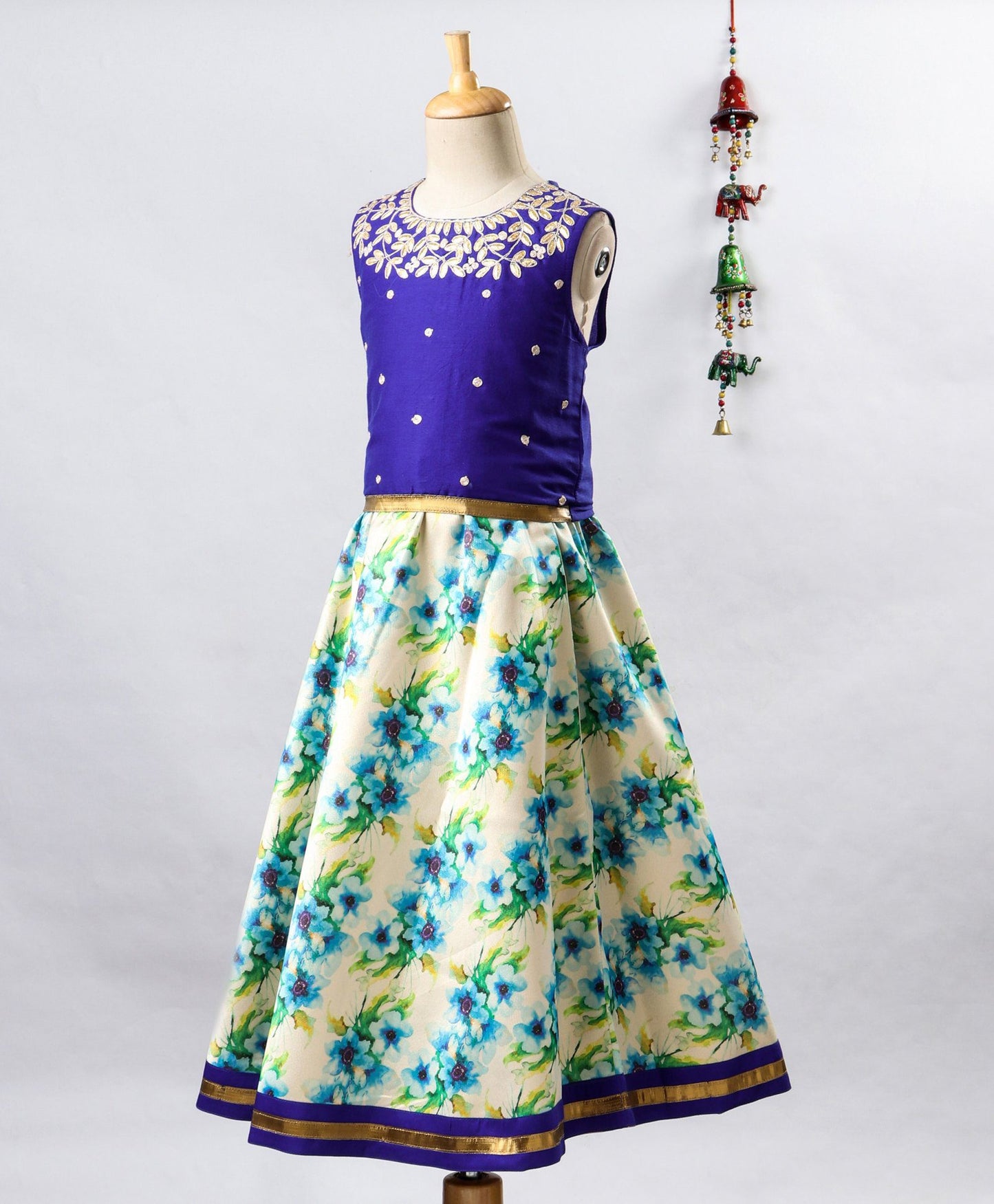 Twisha Girls Embroidered Top With Printed Ghagra- Blue & Off-White