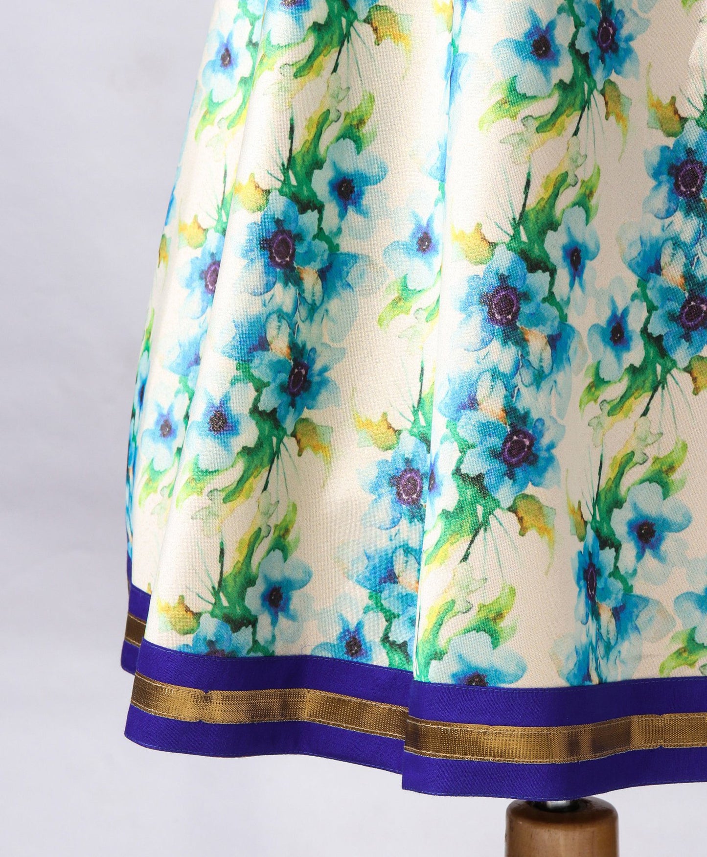 Twisha Girls Embroidered Top With Printed Ghagra- Blue & Off-White