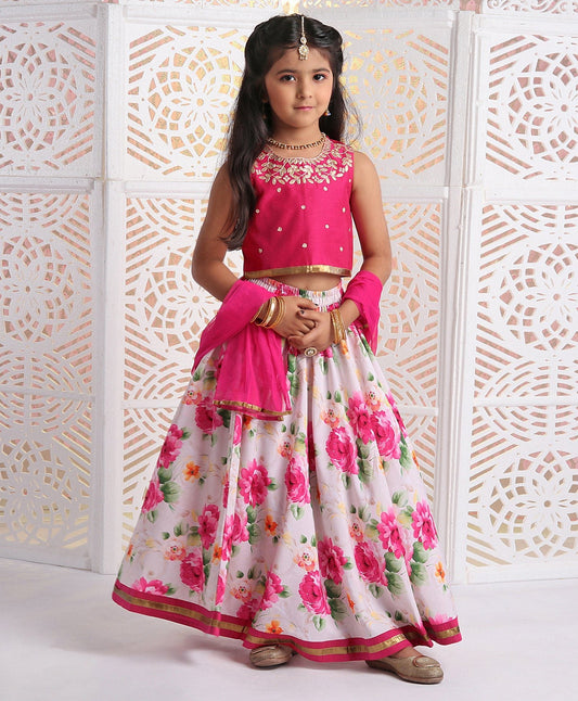 Twisha Girls Embroidered Top With Printed Ghagra- Pink & Off-White