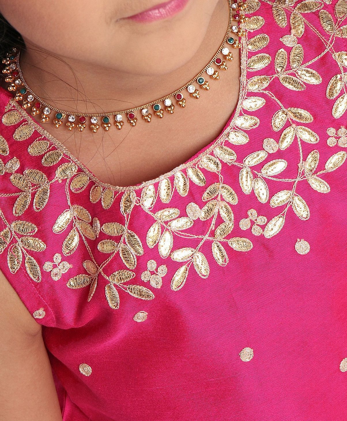Twisha Girls Embroidered Top With Printed Ghagra- Pink & Off-White