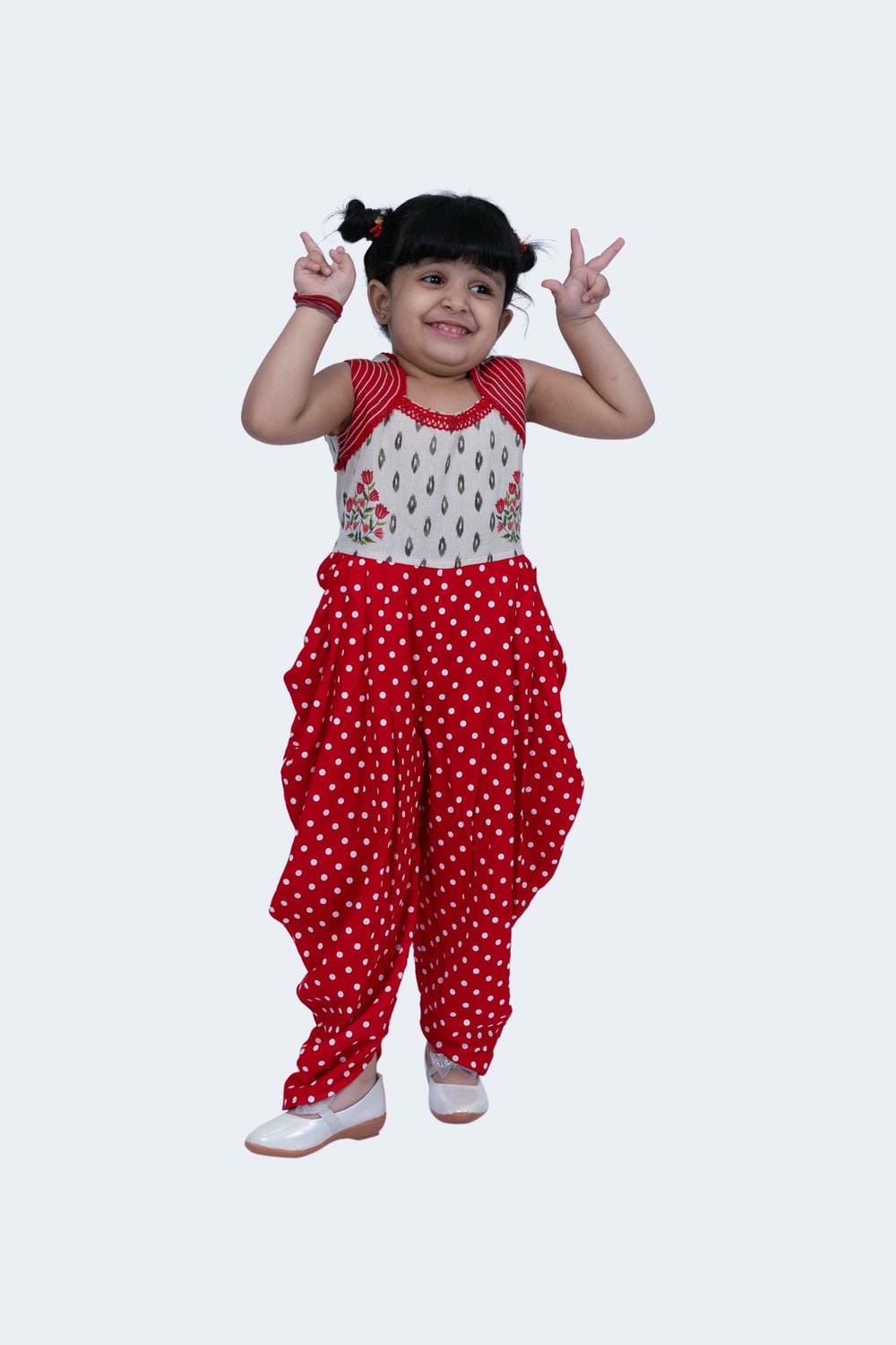Twisha Girls Jumsuit- Offwhite & Red