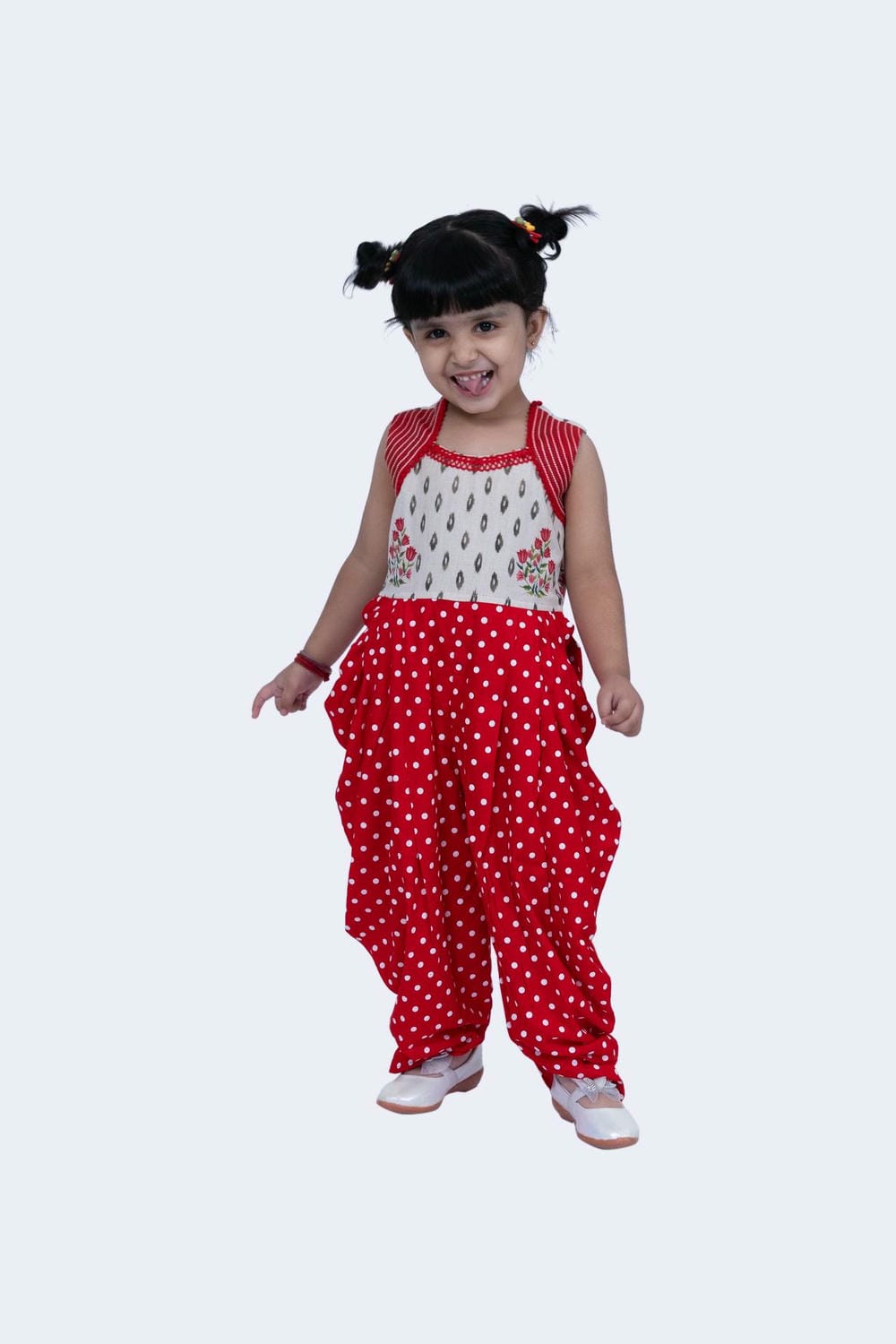 Twisha Girls Jumsuit- Offwhite & Red