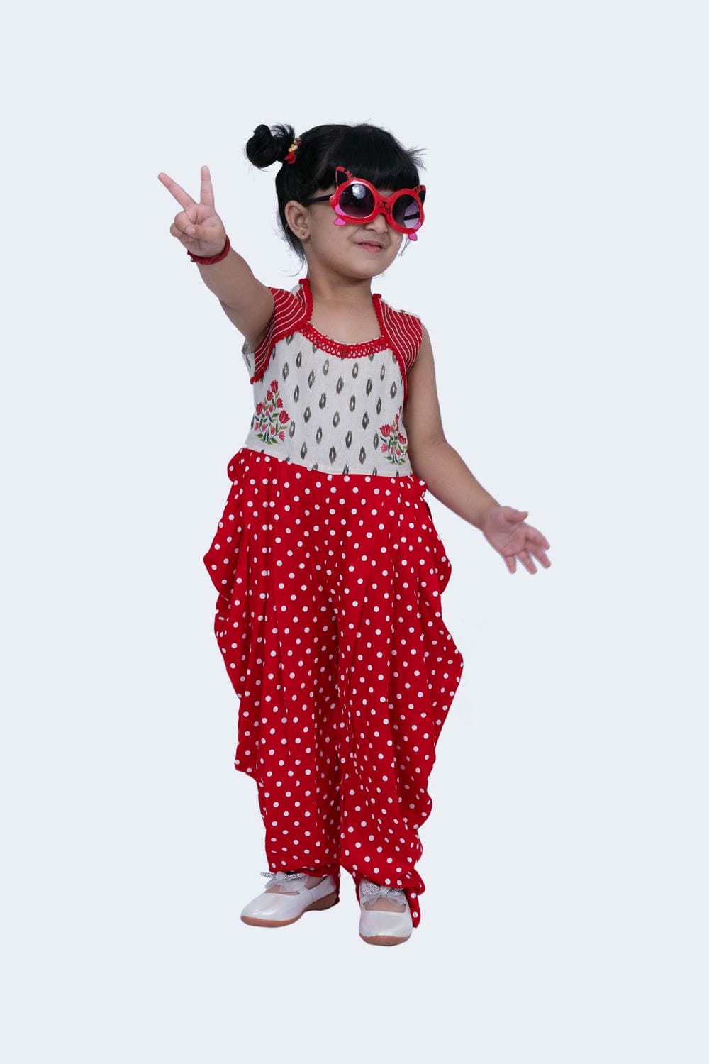 Twisha Girls Jumsuit- Offwhite & Red