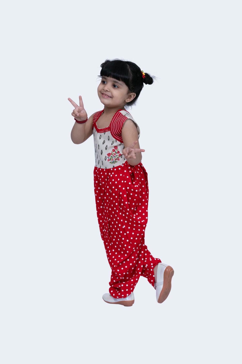 Twisha Girls Jumsuit- Offwhite & Red